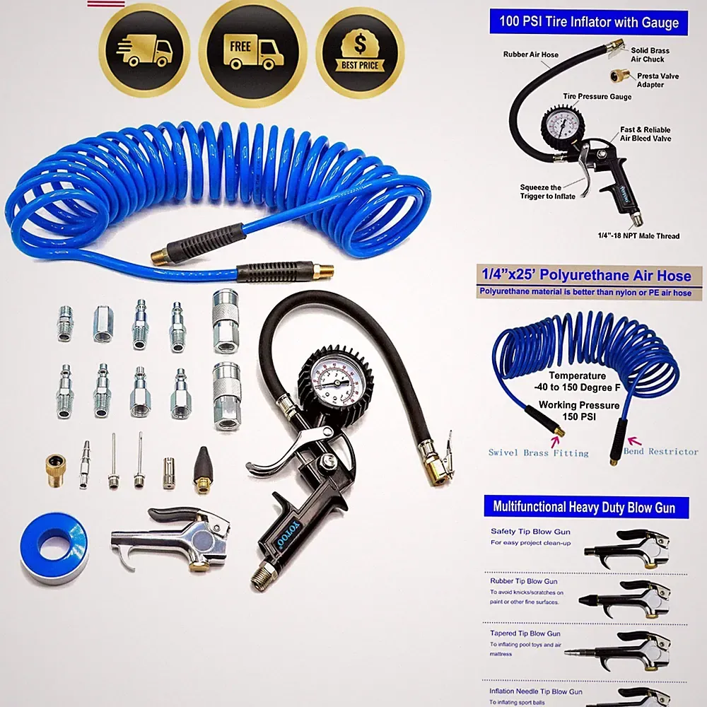 Heavy Duty Air Compressor Accessories Kit 20 Pieces with Hose and Gauge